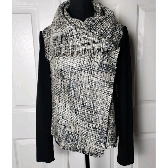 Anne Klein Wool Blend Tweed Jacket Shawl Scarf Collar Luxe Modern Coastal Chic M - Picture 3 of 14